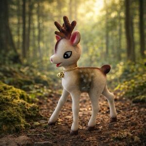 Vintage Deer Flocked Plastic Christmas Figure W/Bell Decoration 9 3/4" Tall